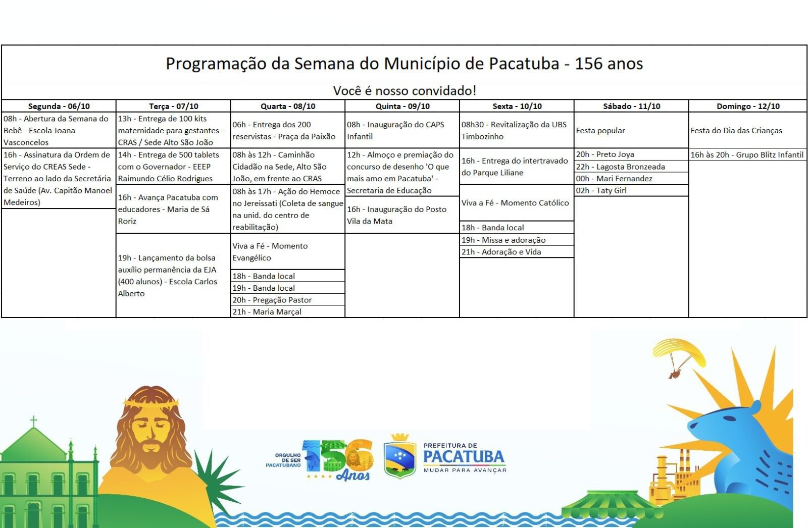 Sai programação da Semana do Município de Pacatuba 156 anos.